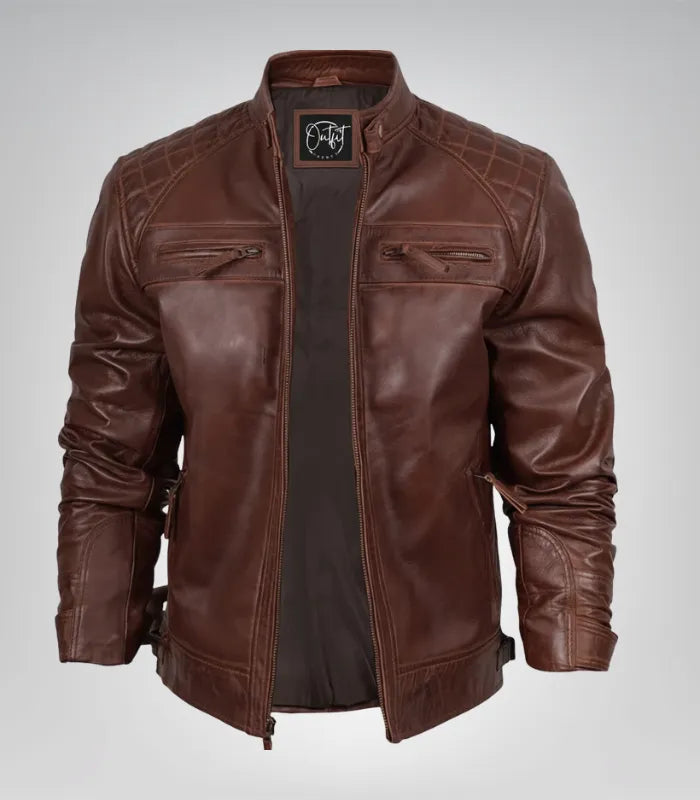 Premium cognac leather biker jacket for men with quilted shoulder design
