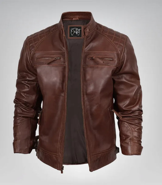 Premium cognac leather biker jacket for men with quilted shoulder design