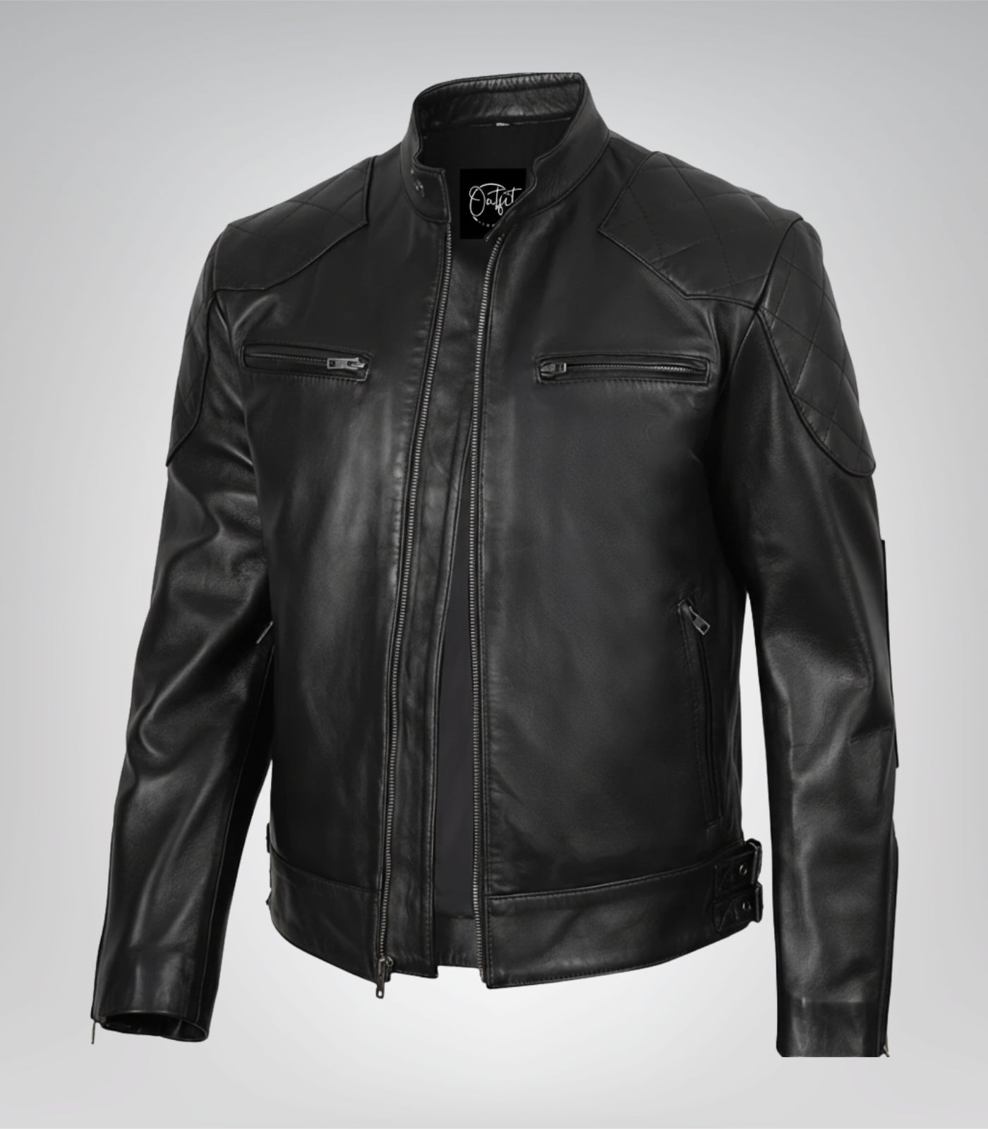 Men’s designer black leather biker jacket with a sleek and timeless look
