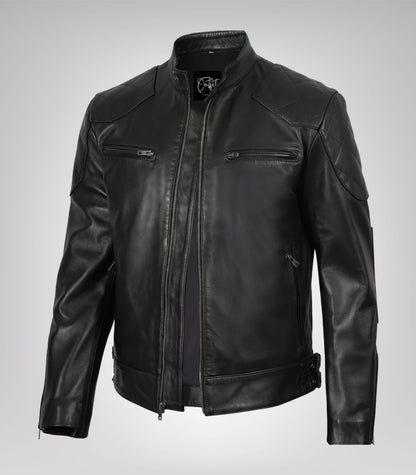 Men’s designer black leather biker jacket with a sleek and timeless look
