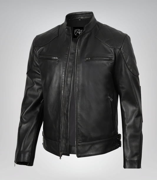 Men’s designer black leather biker jacket with a sleek and timeless look