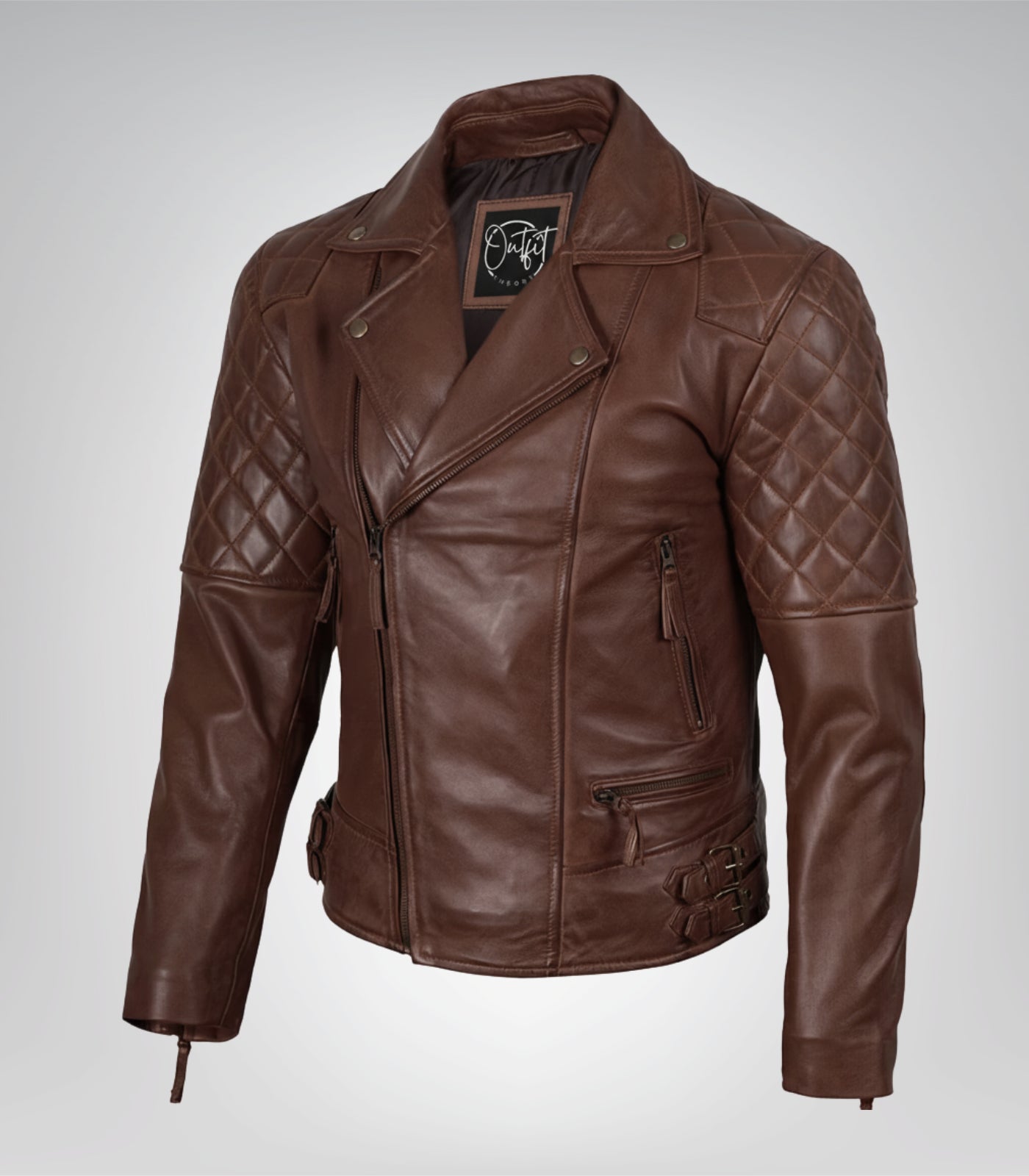 Asymmetrical cognac leather motorcycle jacket for men in a refined modern style