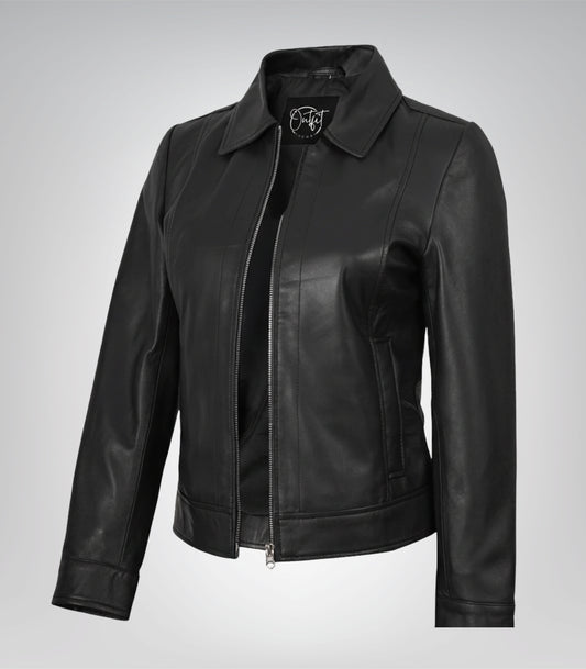Jose women’s black leather Harrington jacket with shirt collar