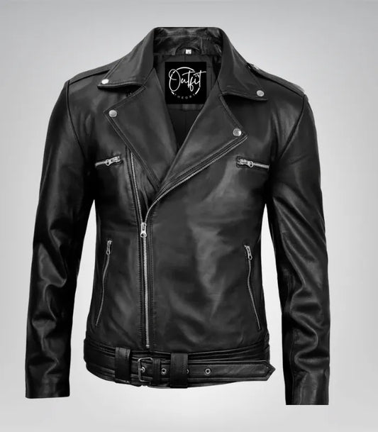 Negan men’s black asymmetrical belted moto leather jacket in premium biker style design