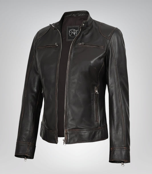 Women’s distressed brown leather motorcycle jacket – Dodge design
