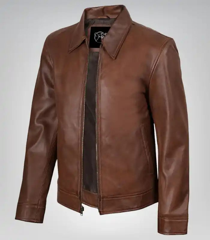 Premium cognac leather men's bomber jacket outfit