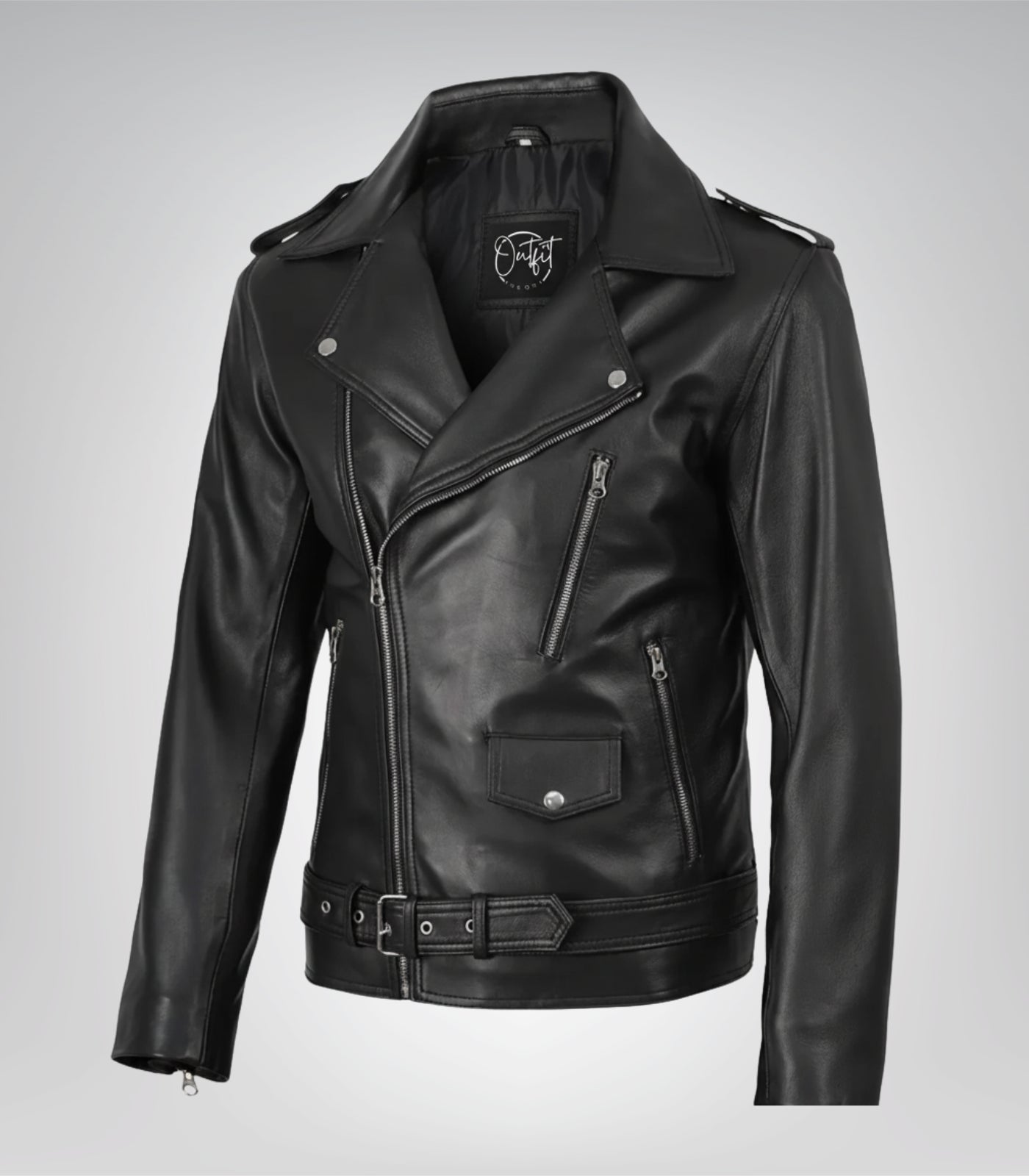 Men’s black leather jacket featuring asymmetrical biker style