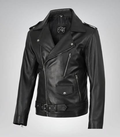 Men’s black leather jacket featuring asymmetrical biker style