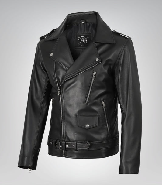 Men’s black leather jacket featuring asymmetrical biker style