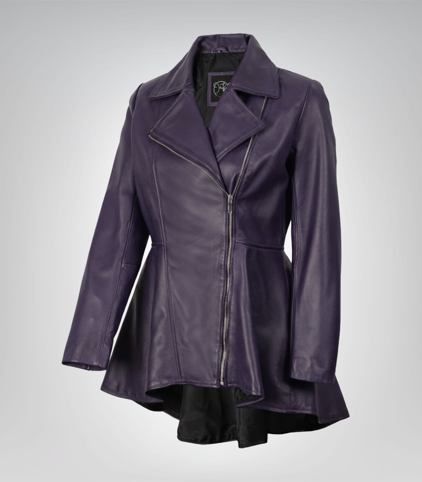 Purple peplum leather jacket for women with frock-style silhouette