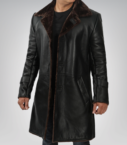 Men’s 3/4 Length Genuine Black Leather Coat with Brown Shearling Lining