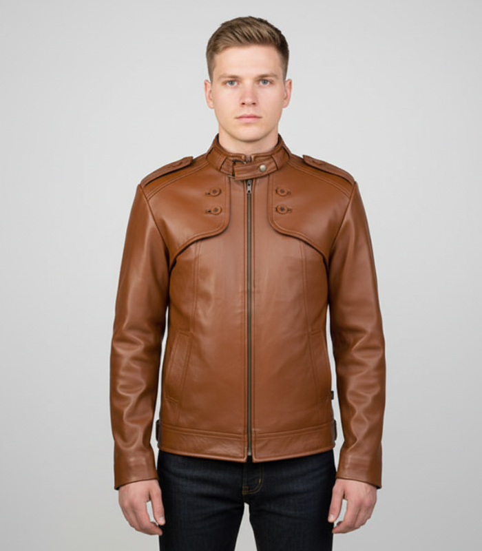 Men's brown biker jacket made from genuine leather front view