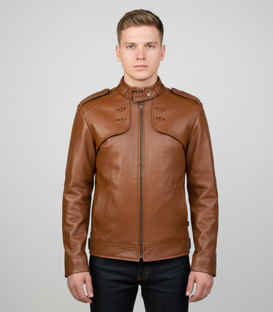 Men's brown biker jacket made from genuine leather front view