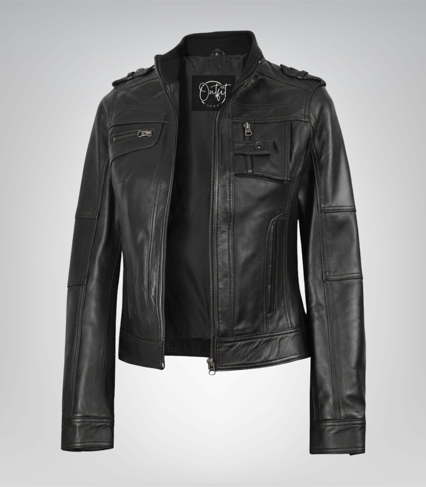 Classic biker-inspired women’s black leather moto jacket
