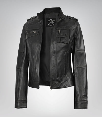 Classic biker-inspired women’s black leather moto jacket
