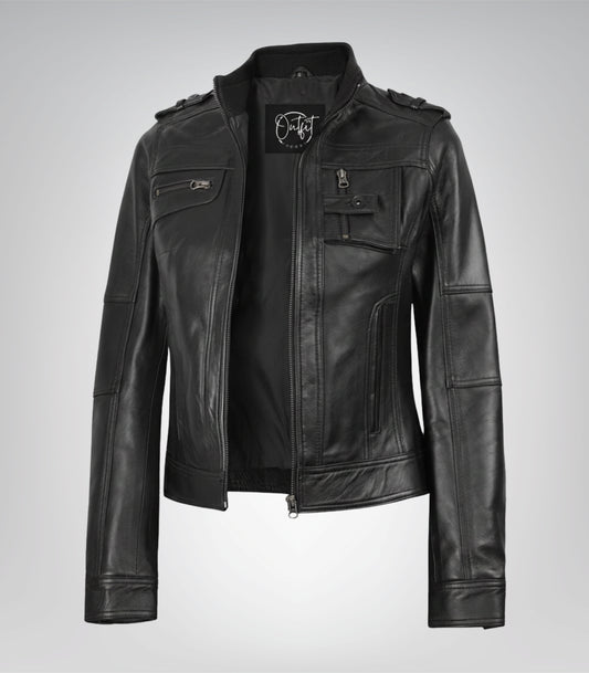 Classic biker-inspired women’s black leather moto jacket