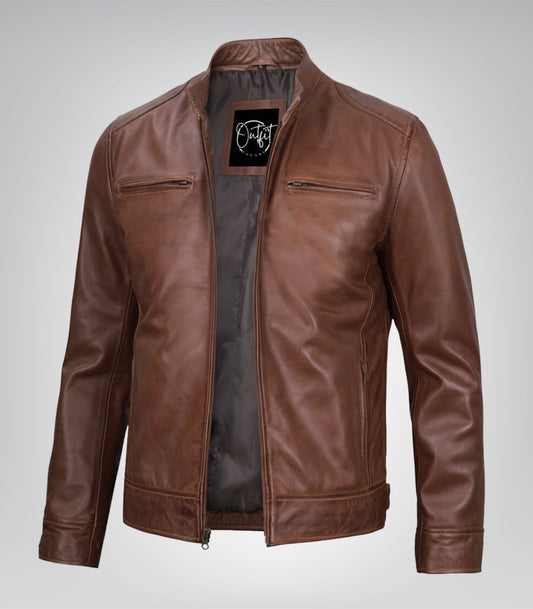Classic cognac brown leather motorcycle jacket for men