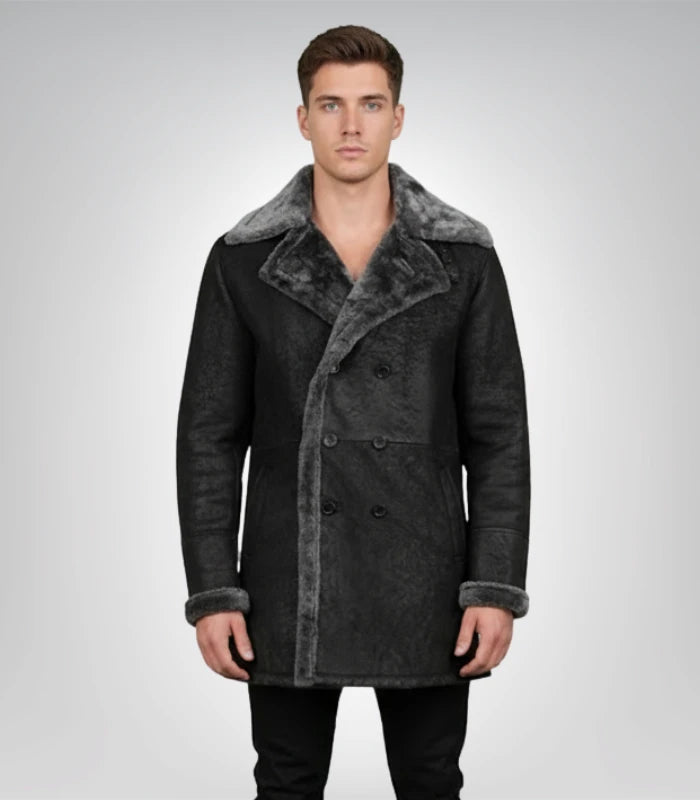 Charles Distressed Black Leather Shearling Double-Breasted Coat