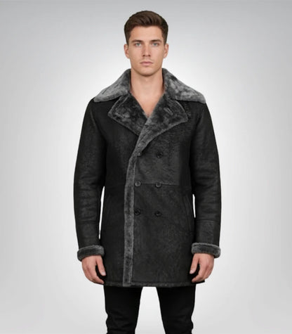 Charles Distressed Black Leather Shearling Double-Breasted Coat