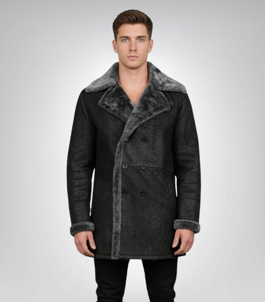 Charles Distressed Black Leather Shearling Double-Breasted Coat