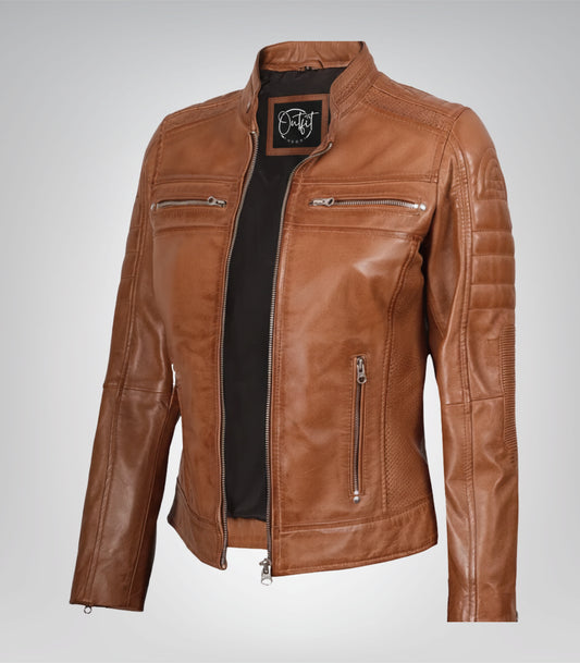 Women’s tan leather moto jacket with timeless biker design