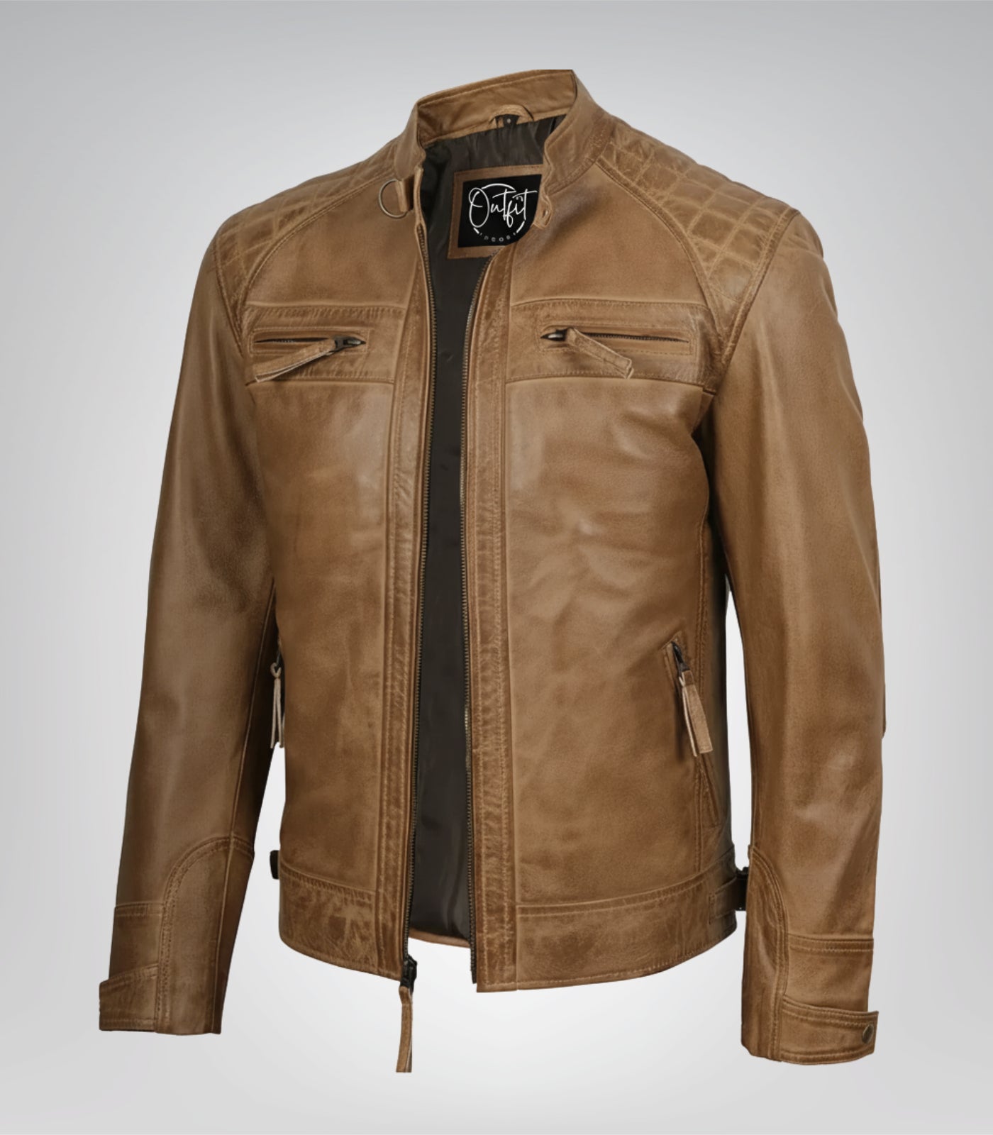 Men’s camel brown leather biker jacket with quilted shoulder detailing