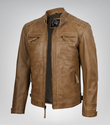 Men’s camel brown leather biker jacket with quilted shoulder detailing