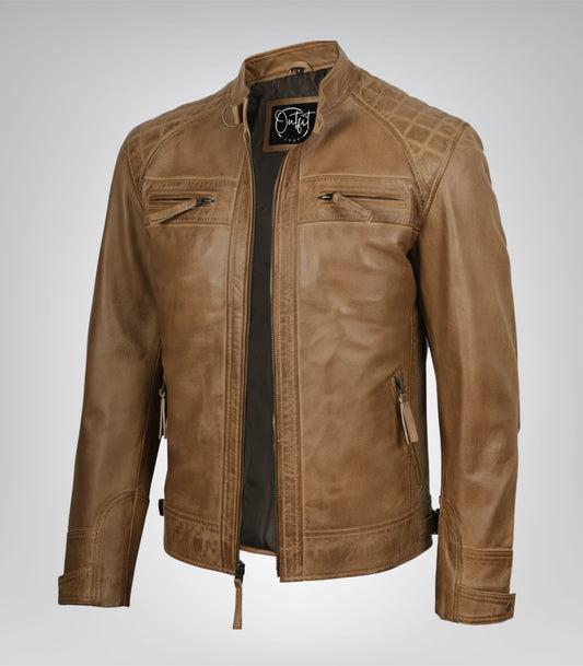 Men’s camel brown leather biker jacket with quilted shoulder detailing