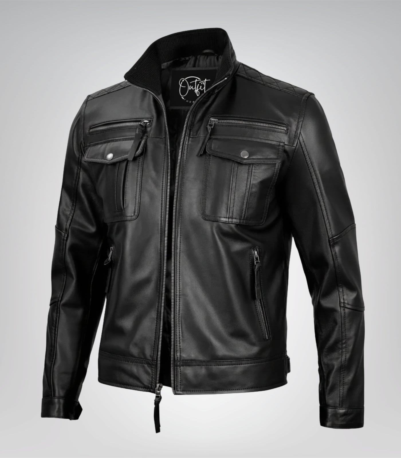 Men’s tailored black biker jacket made from premium leather