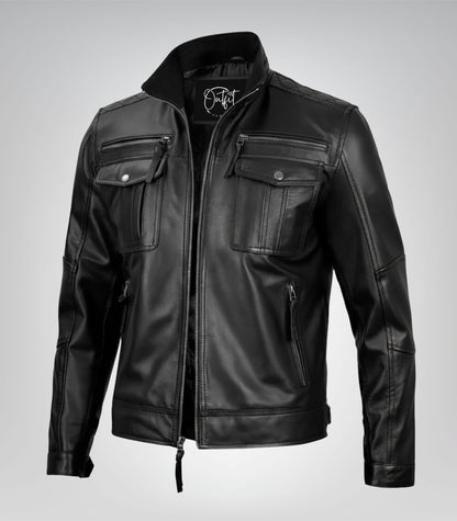 Men’s tailored black biker jacket made from premium leather