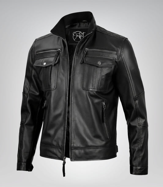 Men’s tailored black biker jacket made from premium leather