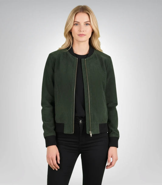 Bliss Green Suede Bomber Jacket