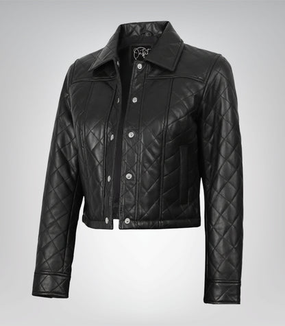 Women’s black real leather quilted crop jacket