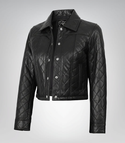 Women’s black real leather quilted crop jacket