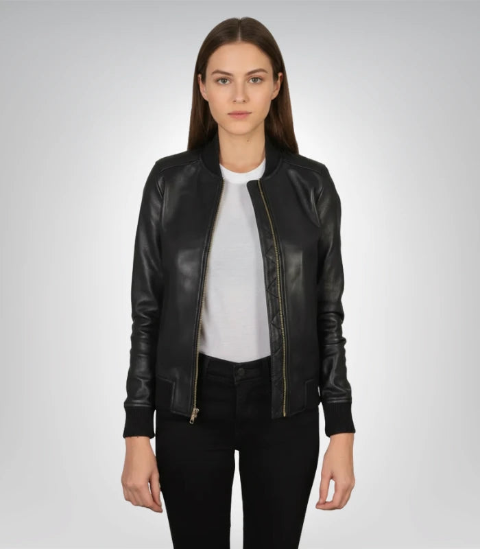 Women's Bliss black leather bomber jacket – premium moto style
