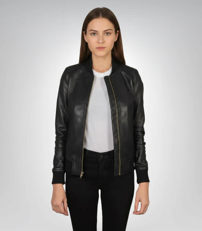 Women's Bliss black leather bomber jacket – premium moto style