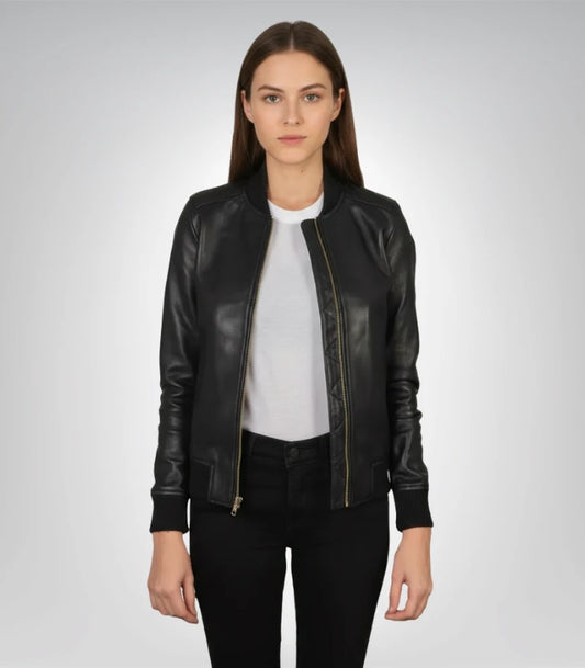 Women's Bliss black leather bomber jacket – premium moto style