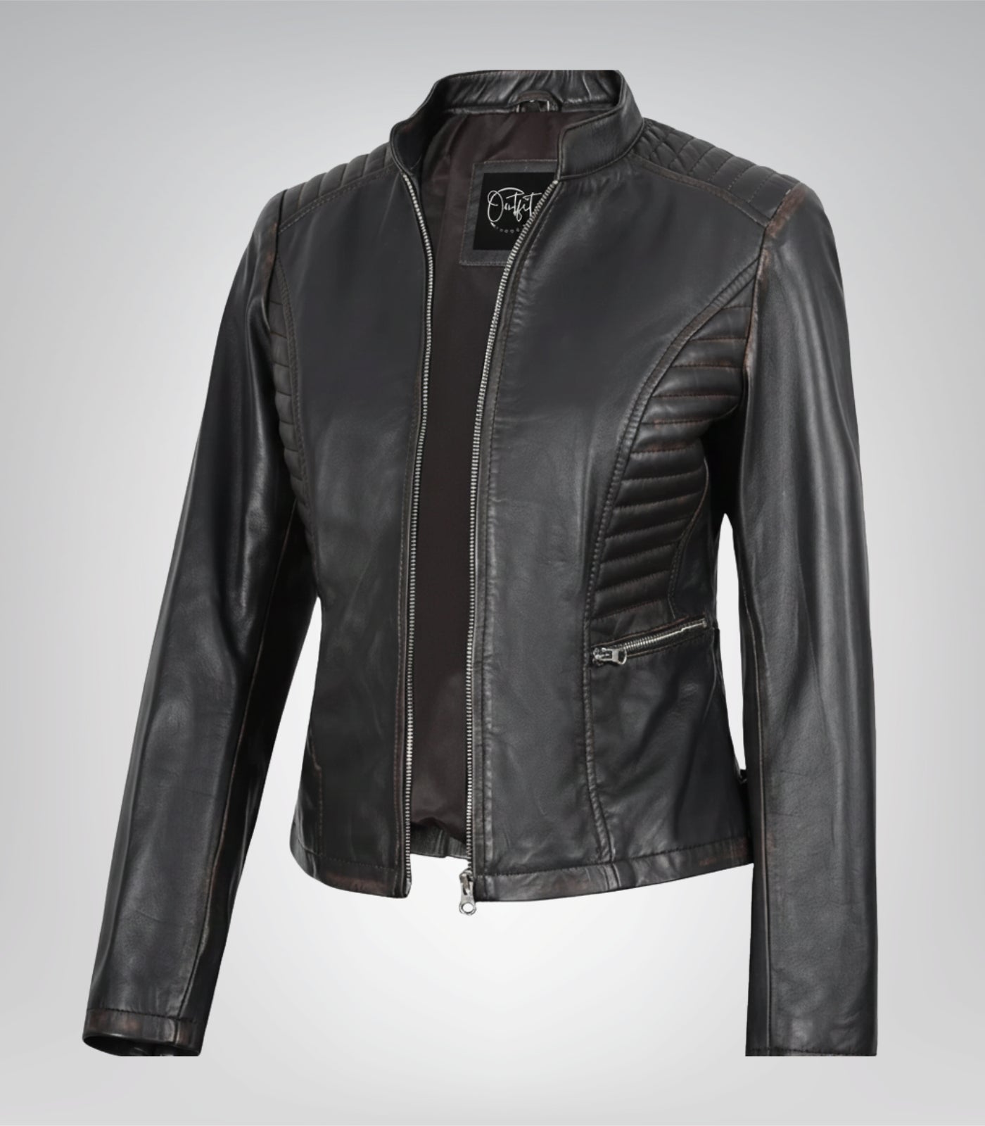 Women’s distressed brown moto leather jacket