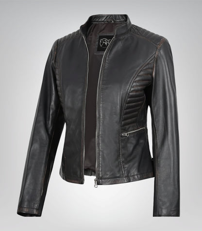 Women’s distressed brown moto leather jacket