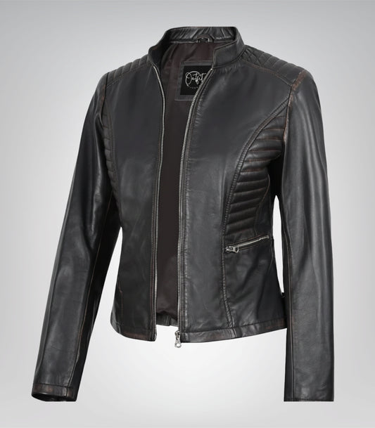 Women’s distressed brown moto leather jacket