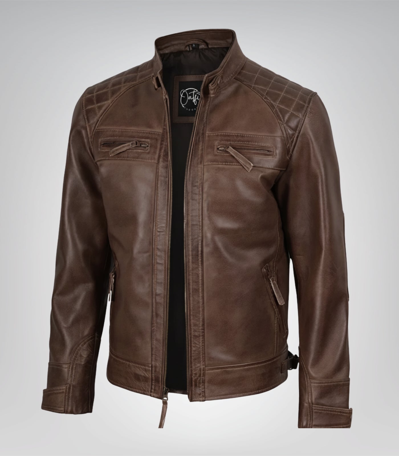 Men’s chocolate brown leather biker jacket with quilted shoulder detailing
