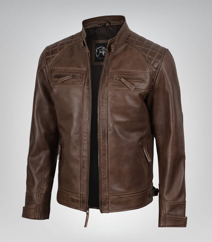 Men’s chocolate brown leather biker jacket with quilted shoulder detailing