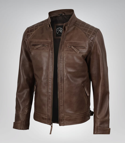 Men’s chocolate brown leather biker jacket with quilted shoulder detailing