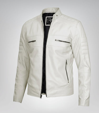 Men’s real leather biker jacket in off-white finish