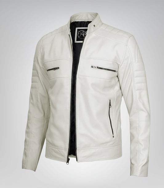 Men’s real leather biker jacket in off-white finish