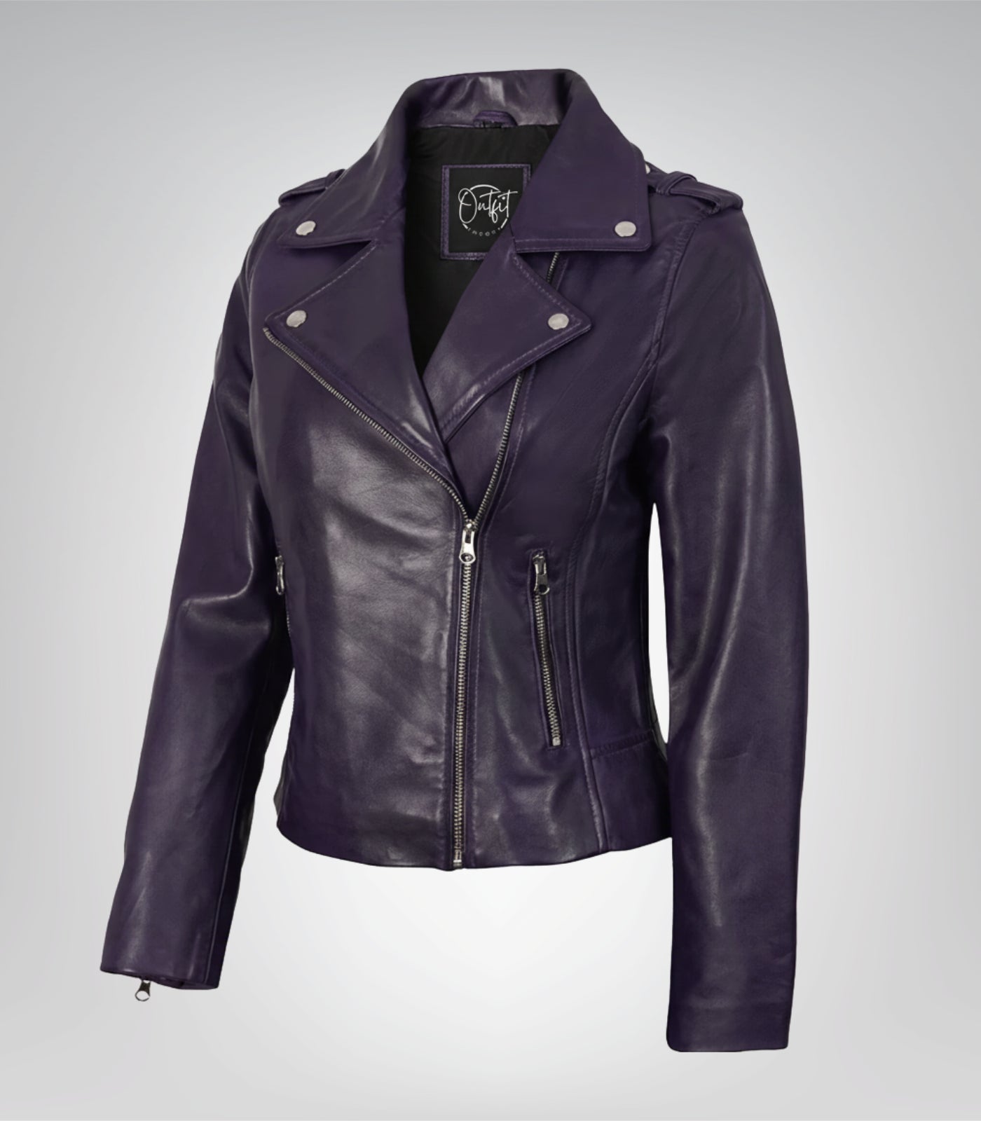 Women’s genuine lambskin asymmetrical biker jacket in purple