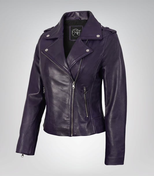Women’s genuine lambskin asymmetrical biker jacket in purple