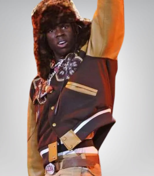 Rema Brit Awards 2024 Brown and Yellow Varsity Bomber Jacket
