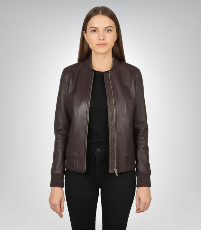 Bliss Maroon Leather Bomber Jacket – Classic Women’s Motorcycle Style