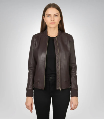 Bliss Maroon Leather Bomber Jacket – Classic Women’s Motorcycle Style